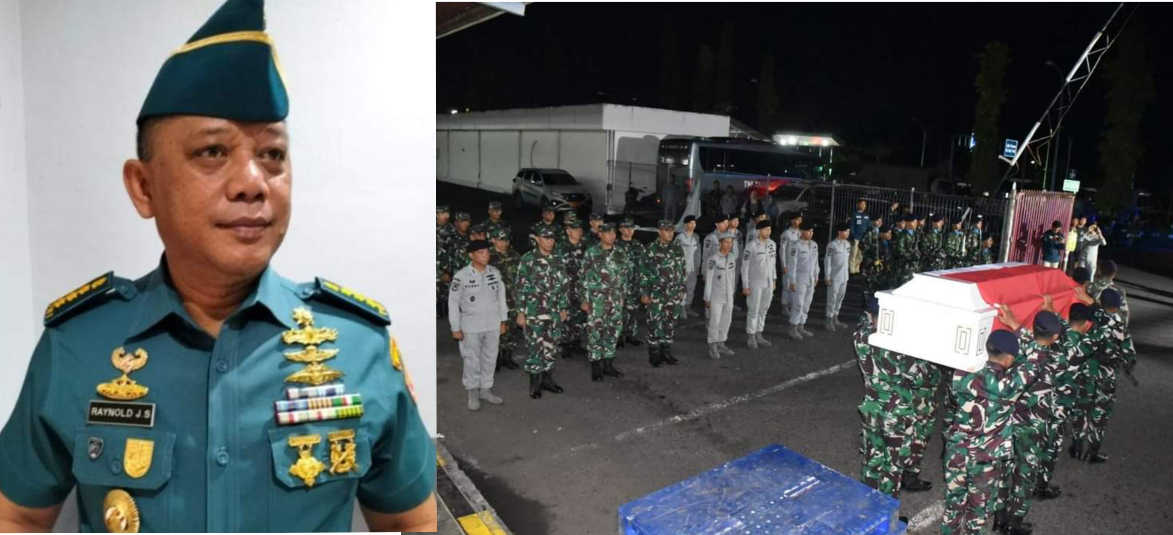 Foto Almarhum Kolonel Laut (H) Raynold Sendewana SH dan prosesi penerimaan jenazah secara Militer di Bandara Sam Ratulangi Manado. (Foto: Istimewa)