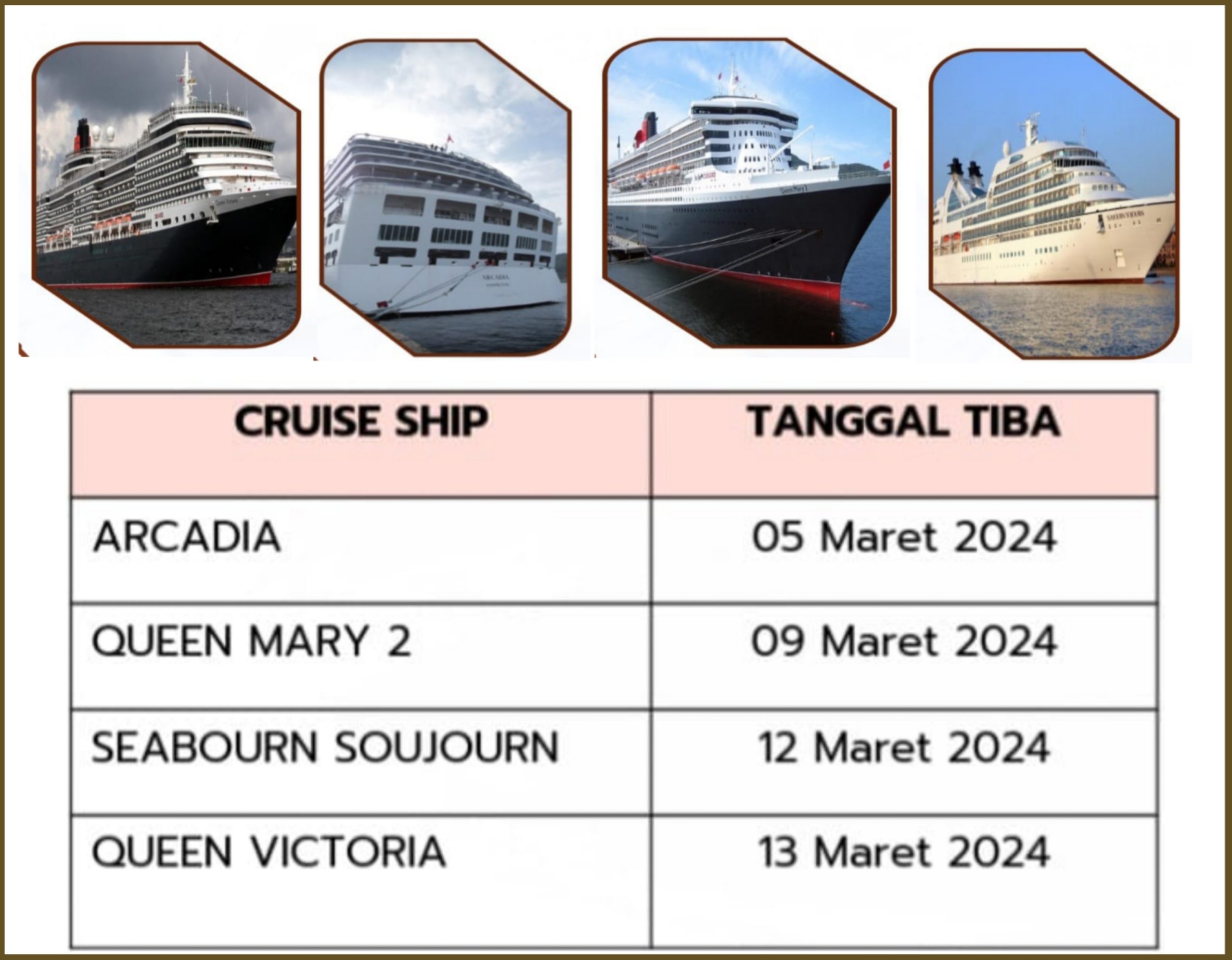 Jadwal Kunjungan 4 Kapal Pesiar di Kota Bitung Maret 2024.