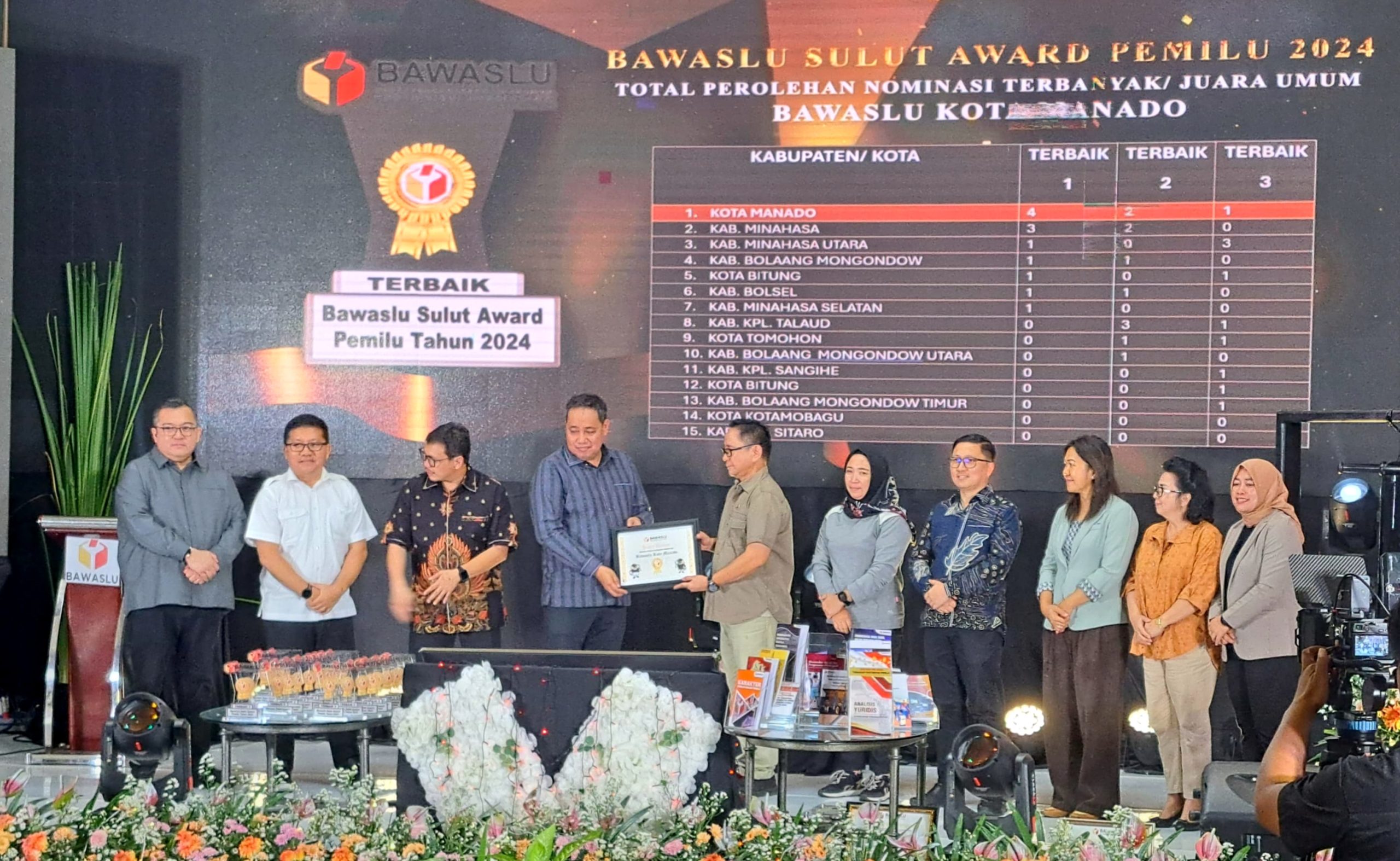 Komisioner Anggota Bawaslu Manado, Heard Runtuwene menerima Bawaslu Sulut Award dari Komisioner Bawaslu RI, Herwyn Malonda di Aryaduta Hotel Manado, Selasa (31/12/2024). (Foto: Istimewa)