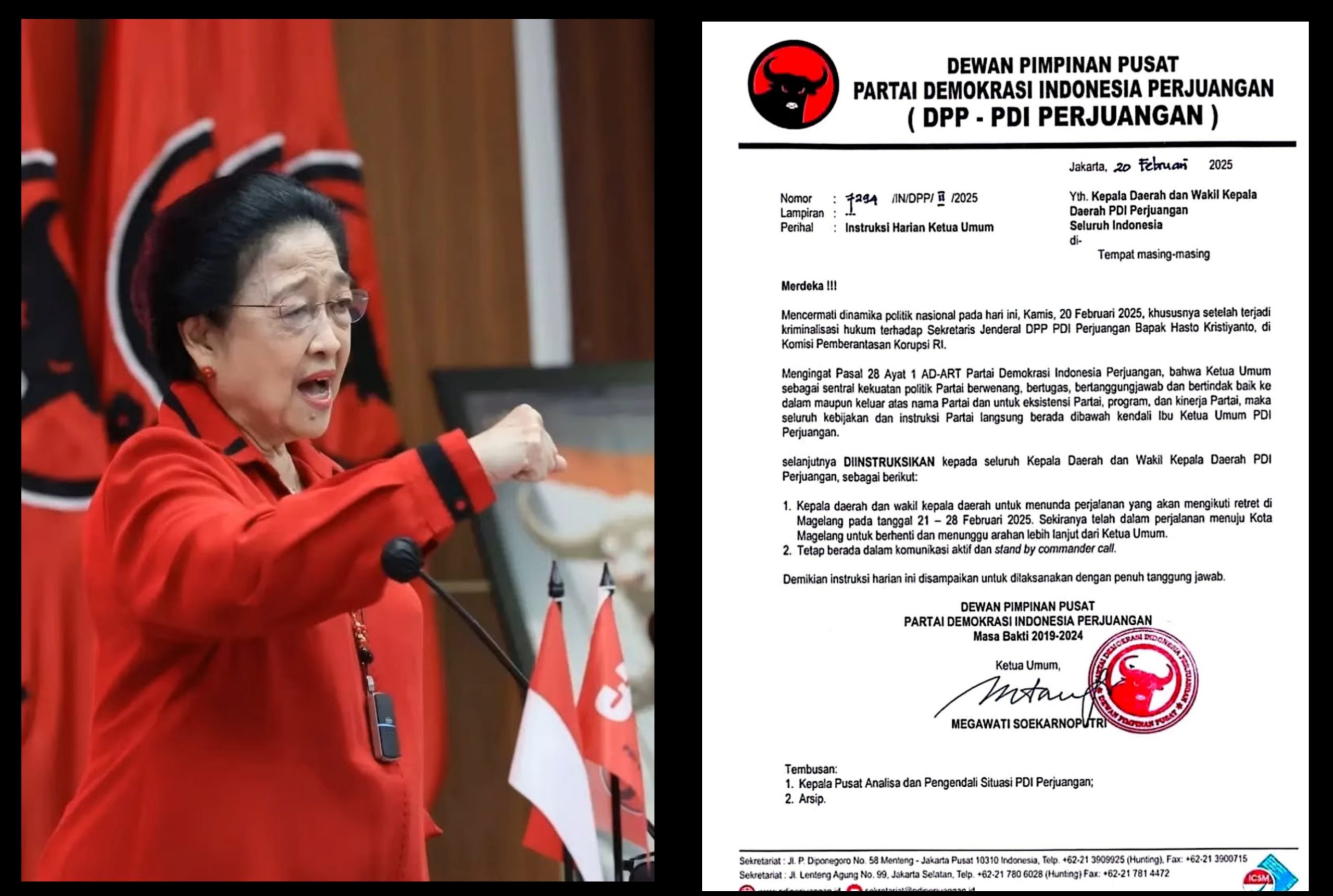 Ketua Umum PDI Perjuangan, Megawati Soekarnoputri (kiri). Surat Instruksi Harian Ketua Umum, DPP PDI Perjuangan (kanan). (Foto: Istimewa)