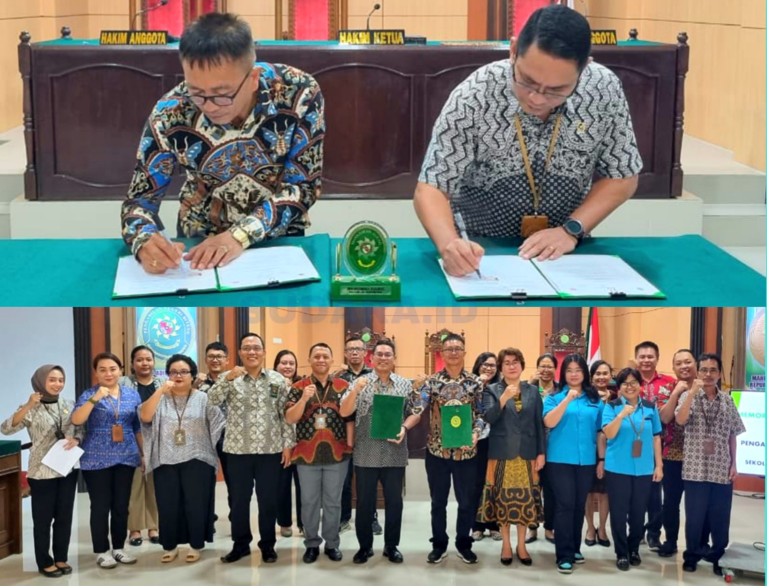 YM. Ketua Pengadilan Negeri/Perikanan Bitung, Johanis Dairo Malo bersama Kepala Sekolah Luar Biasa (SLB) Finjil Kota Bitung Hesky Malonda SE, saat menandatangi perjanjian kerjasama layanan penyandang disabilitas di Ruang Sidang Utama Pengadilan Negeri/ Perikanan Bitung, Kamis (20/3/2025). (Foto: Humas PN/Perikanan Bitung/DoX)