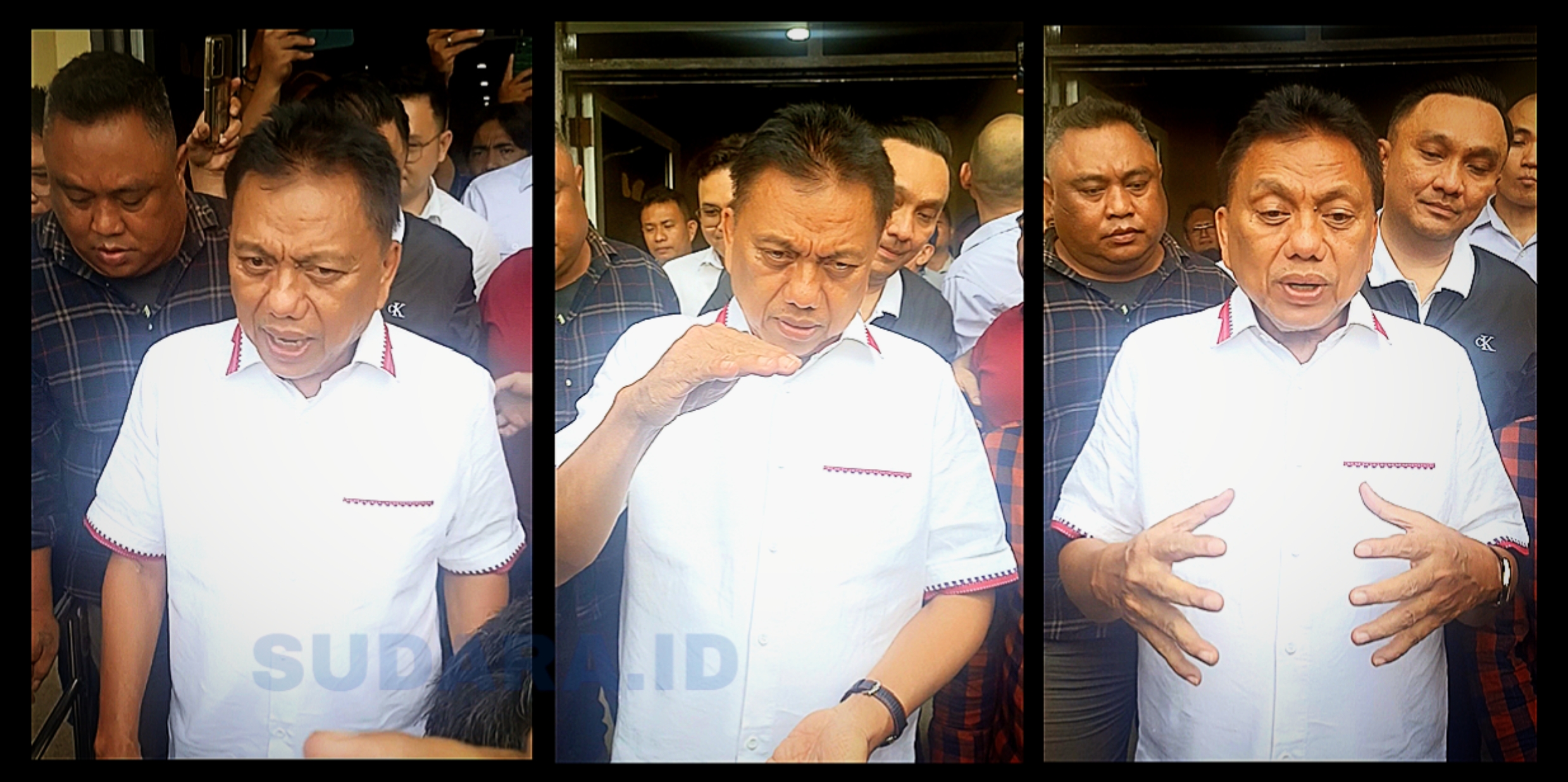 Mantan Gubernur Sulut, Olly Dondokambey saat sesi wawancara usai diperiksa Penyidik Tipidkor Polda Sulut, Senin (21/4/2025). (Foto: Ridho L Tobing)