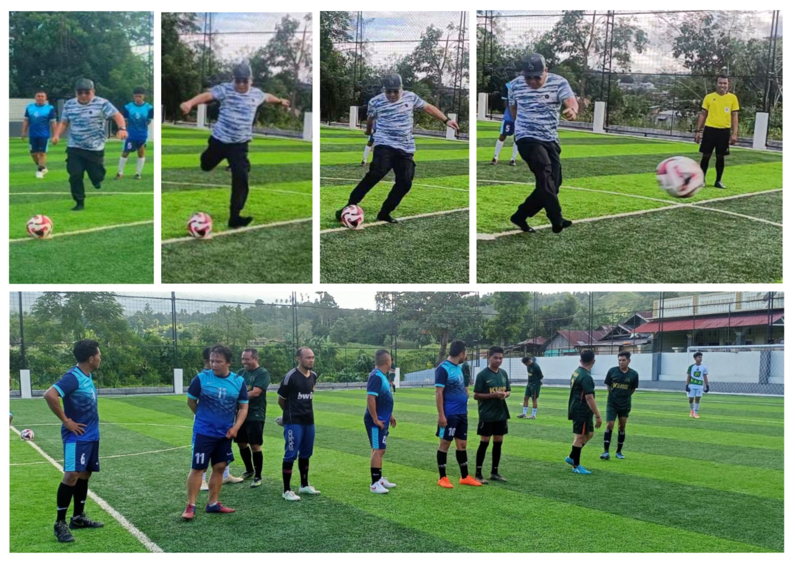 Wakil Walikota Bitung, Randito Maringka, saat momen tendangan Kick-off dimulainya Turnamen Mini Soccer Jurnalis Cup I Piala Walikota Bitung. (Foto: Istimewa)