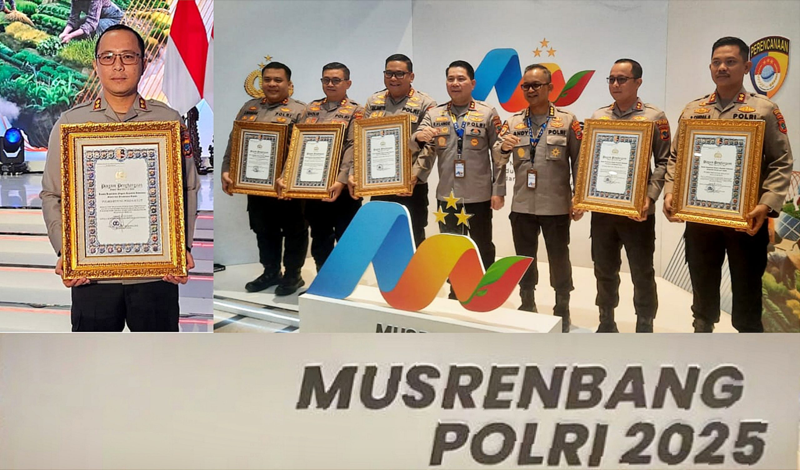 Kapolres Bitung, AKBP Albert Zai SIK MH saat terima Anugerah penghargaan Pelayanan Publik Mandiri Tingkat Polri Tahun 2024. (Gambar kanan) Bersama Kapolda Sumut, Irjen Pol Roycle H Langie dan Kapolres Jajaran Polda Sulut. (Foto: Humas Polres Bitung)