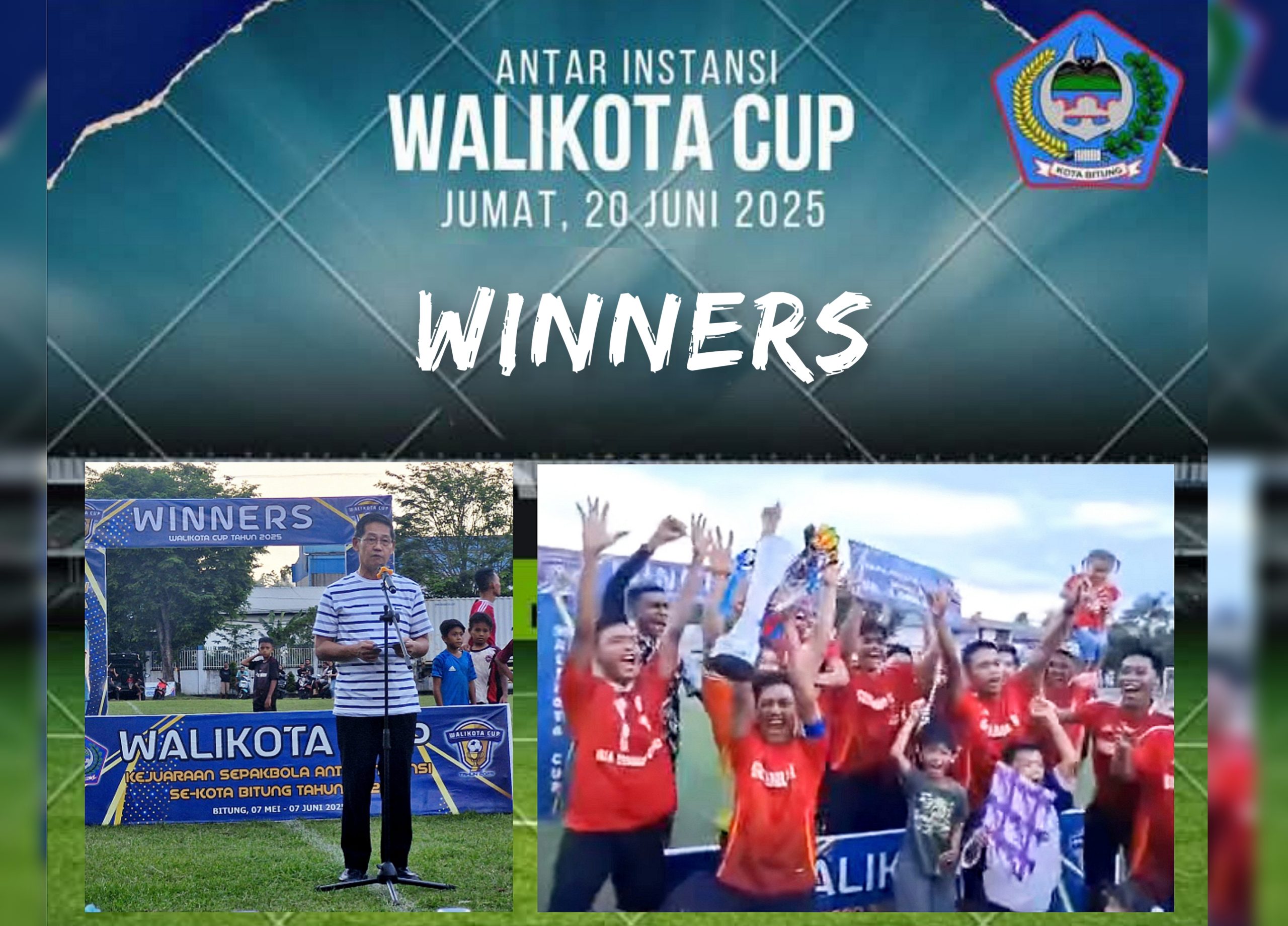 Walikota Bitung, Hengky Honandar saat menutup Walikota Bitung Cup 2025, dan Tim Guskamla Koarmada II saat angkat trofi juara. (Foto: Istimewa/DOX)