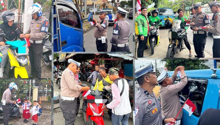 HUT RI ke-80, Satlantas Polres Bitung Bagikan Bendera Merah Putih Kepada Pelintas Jalan Raya