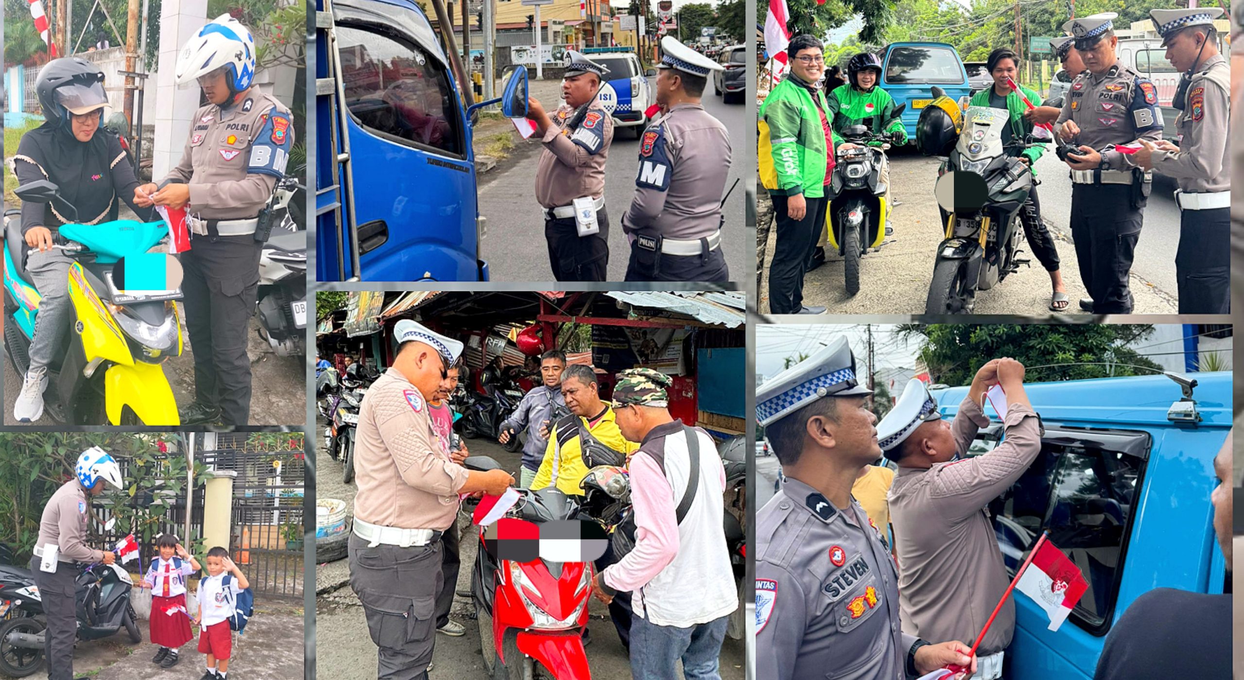 Satlantas Polres Bitung membagikan bendera Merah Putih kepada Pelintas Jalan Raya. (Foto: Istimewa)