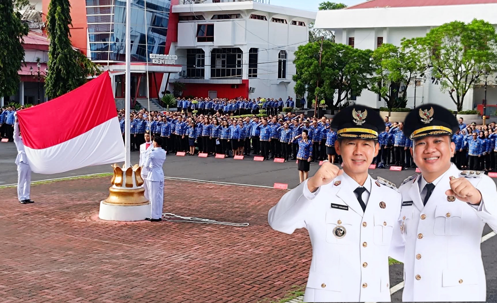 Walikota Bitung, Hengky Honandar SE dan Wakil Walikota, Randito Maringka (HHRM), dengan latar para ASN Kota Bitung. (Foto: Ist/Ridho Lumban Tobing)