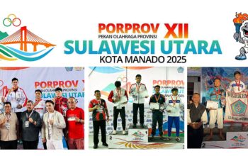 Podium Juara I tiga personel Polres Bitung, (gambar dari kiri ke kanan) Bripda Andreas Elia Waturandang, Bripda Bryan Veron Rezza Pangulimang, dan Bripda Noer Asaddin Pasi, S.Pi. (foto: Istimewa/ Ridho L Tobing)