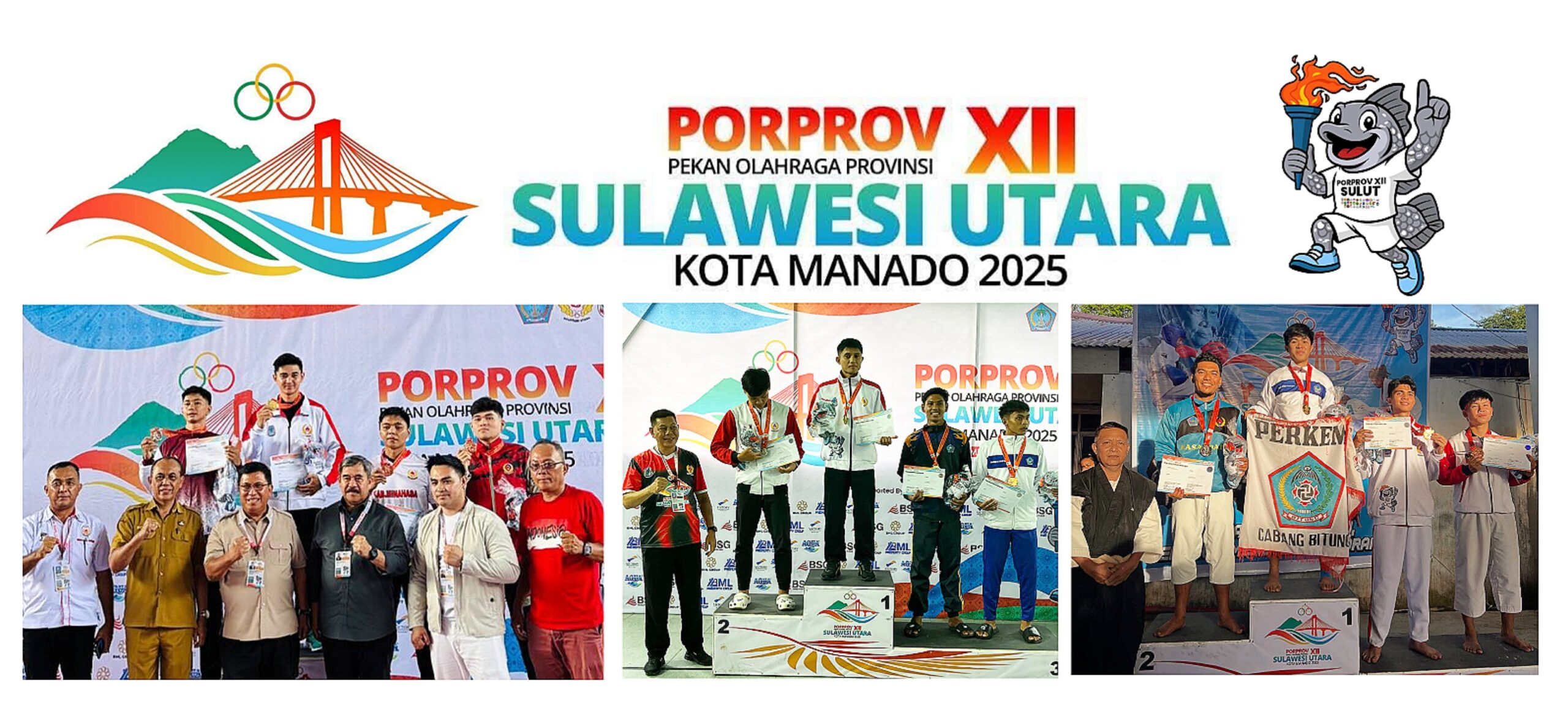 Podium Juara I tiga personel Polres Bitung, (gambar dari kiri ke kanan) Bripda Andreas Elia Waturandang, Bripda Bryan Veron Rezza Pangulimang, dan Bripda Noer Asaddin Pasi, S.Pi. (foto: Istimewa/ Ridho L Tobing)