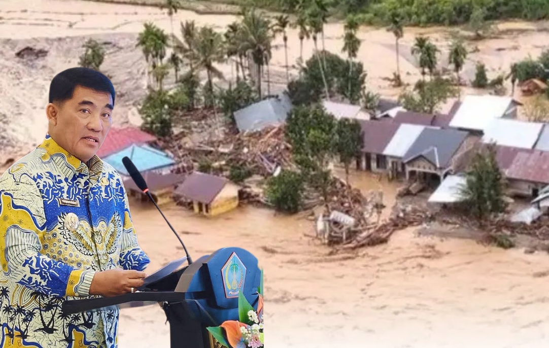 Gubernur Sulawesi Utara, Mayjen TNI (Purn) Yulius Selvanus SE, dengan latar salah satu daerah terdampak bencana di Nagan Raya, Provinsi Aceh.