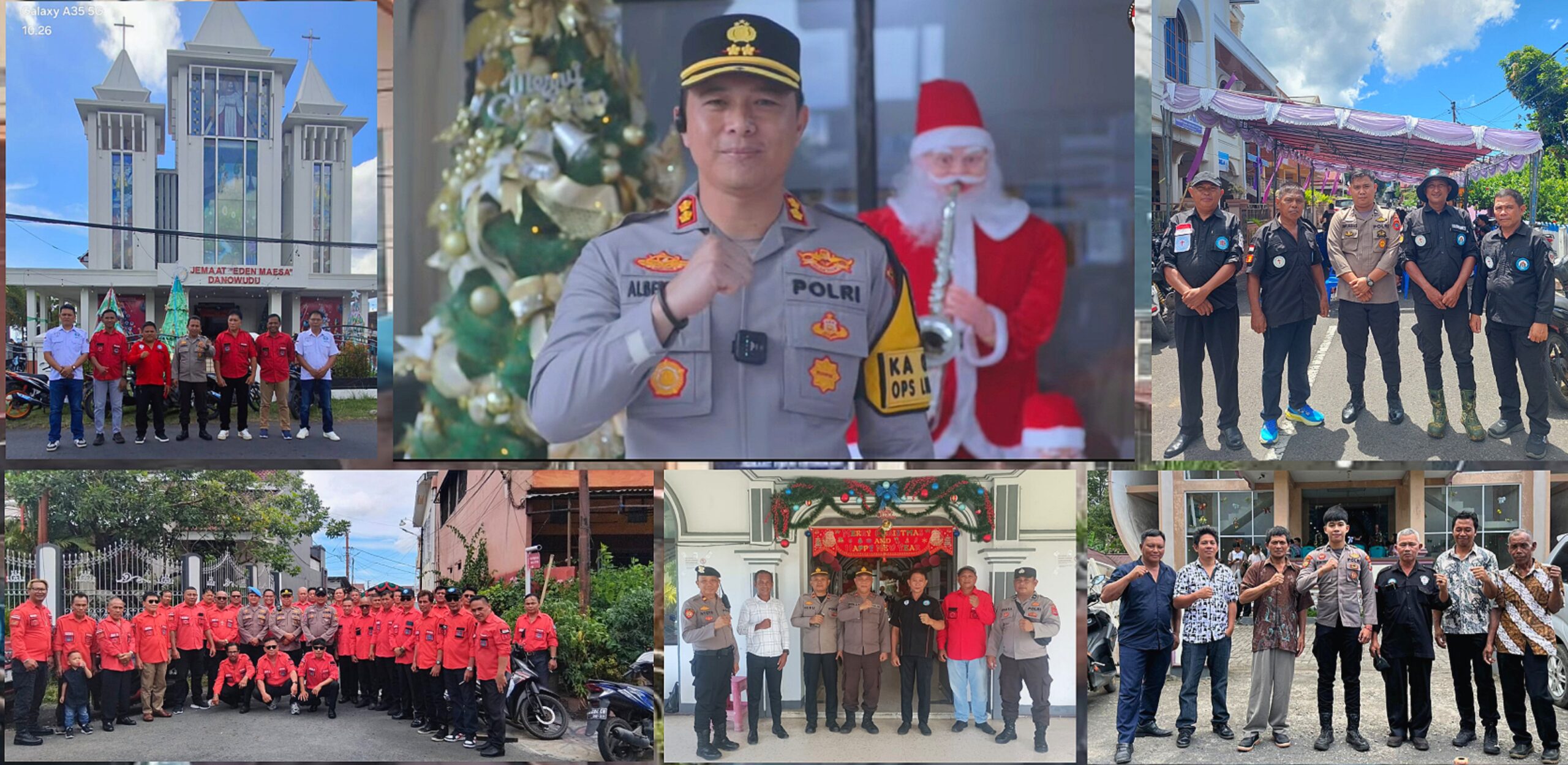 Kapolres Bitung, AKBP Albert Zai SIK MH, dengan foto aktivitas pengamanan kolaboratif saat Ibadah Natal tahun 2025 di Kota Bitung.