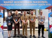 Kapolres Bitung, AKBP Albert Zai SIK MH (paling kanan) bersama Walikota Bitung, Hengky Honandar SE dan Wakil Walikota Randito Maringka S.Sos, beserta Kajari Bitung, Krisna Pramono SH; dan Ketua DPRD Bitung, Vivi J Ganap SE, di Rakornas Pemerintah Pusat dan Daerah 2026, SICC Sentul, Bogor, Jawa Barat, Senin (2/2/2026).