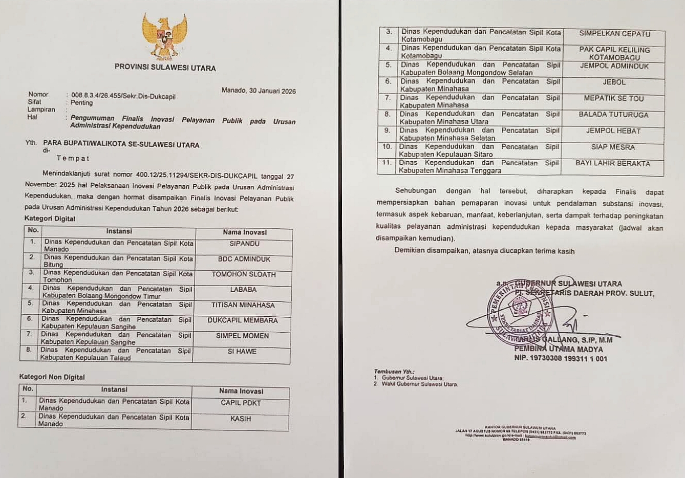 Pengumuman Finalis Inovasi Pelayanan Publik Adminduk Tahun 2026. (Ist)