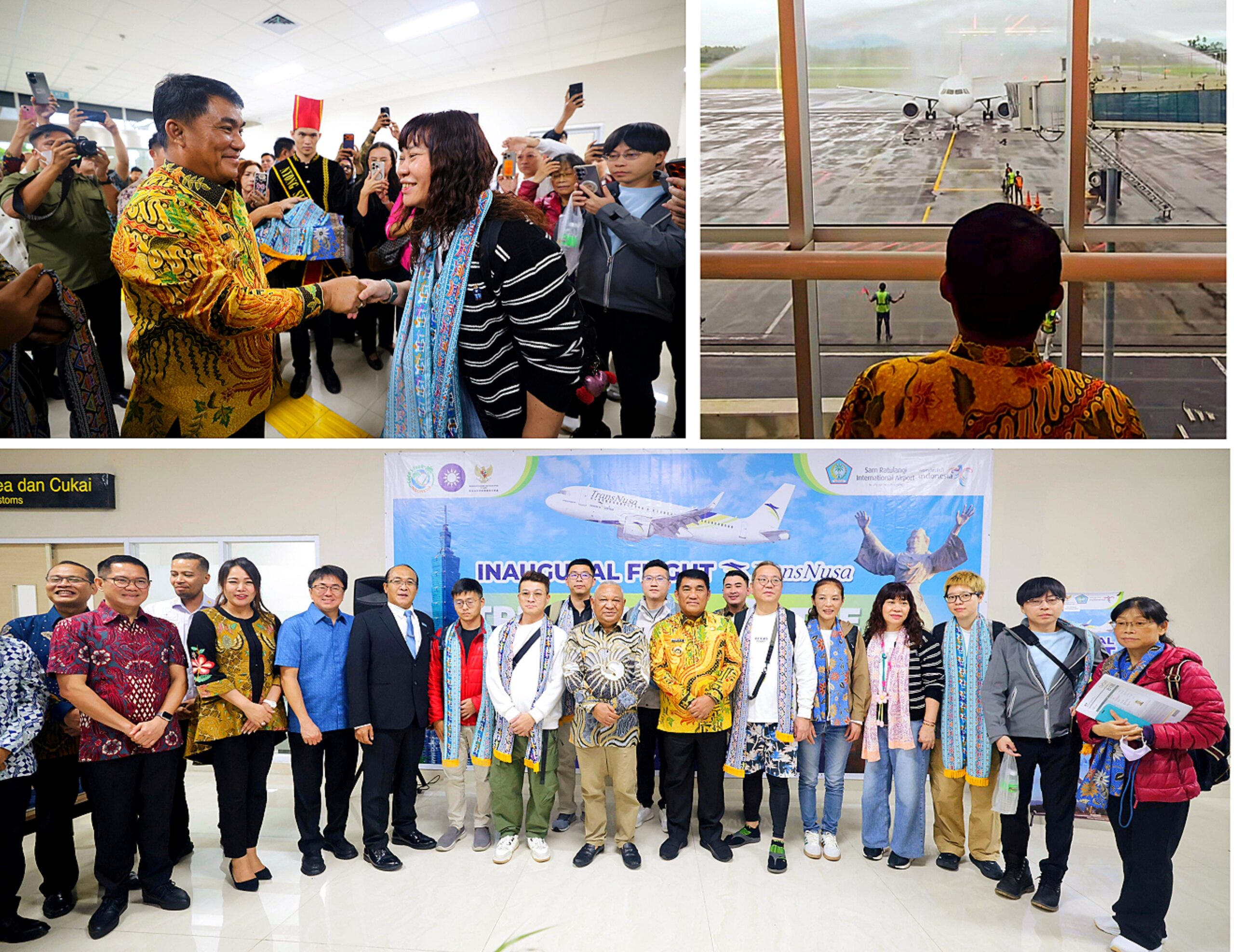 Prosesi ikonik Water Salute atas inaugural flight maskapai TransNusa rute Taipe-Manado, dan penyambutan para wisatawan Taiwan oleh Gubernur Sulut, Yulius Selvanus di Bandara Internasional Sam Ratulangi, Sabtu (14/2/2026). (foto: Ist/Ridho L Tobing)