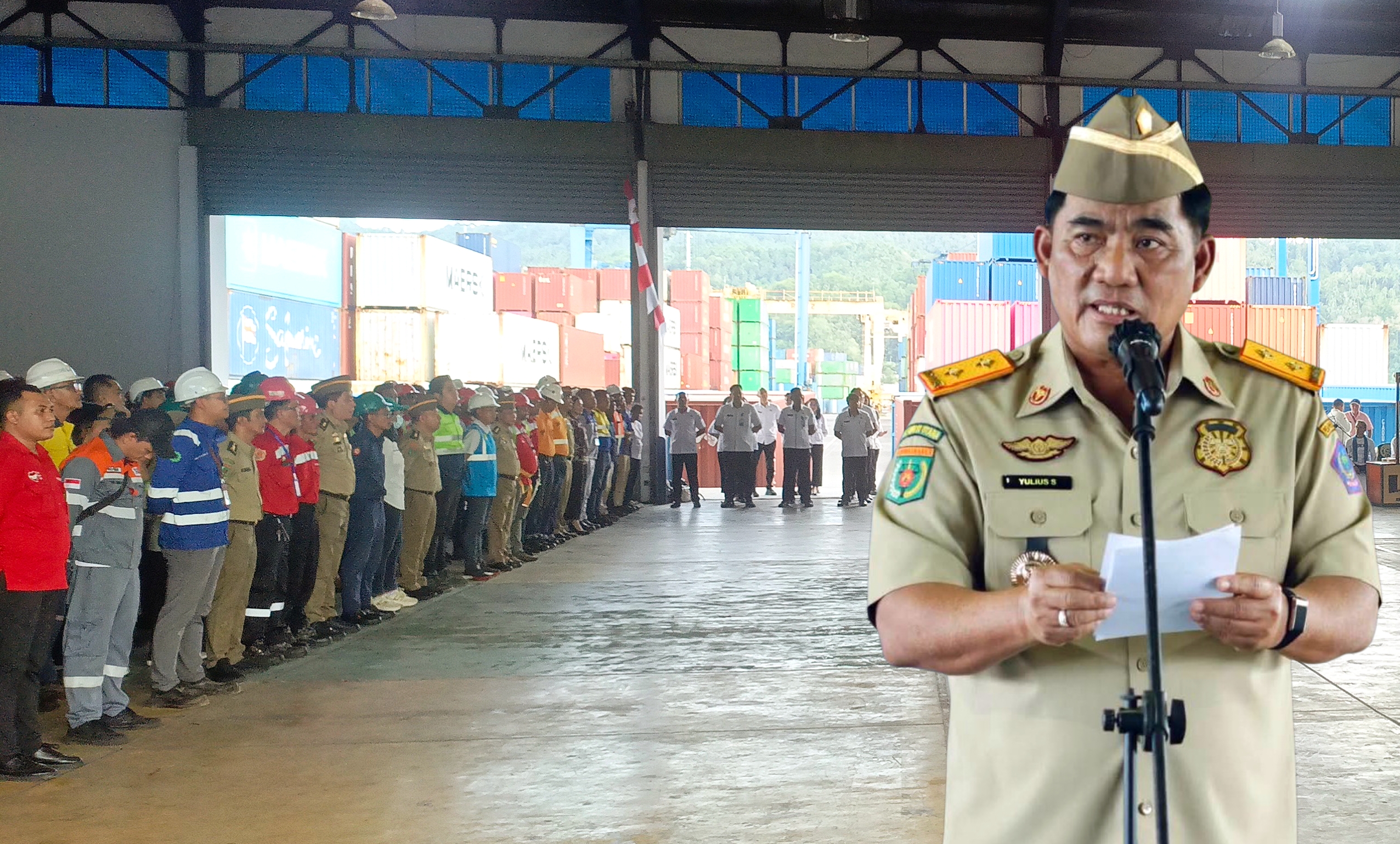 Gubernur Sulawesi Utara, Mayjen TNI (Purn) Yulius Selvanus SE, saat memimpin Apel Bulan Keselamatan dan Kesehatan Kerja (K3) Nasional Tahun 2026 di PT. Pelindo Terminal Petikemas TPK Bitung, Rabu (25/2/2026). (Foto: Ridho L Tobing/Ist)