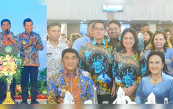 Kebersamaan Satu Tahun Kepemimpinan YSK-Victory, Walikota Bitung Hengky Honandar SE didampingi Ketua TP PKK Kota Bitung, Ny Ellen Honandar Sondakh SE bersama Wakil Walikota, Randito Maringka S Sos. (Foto: Ist)
