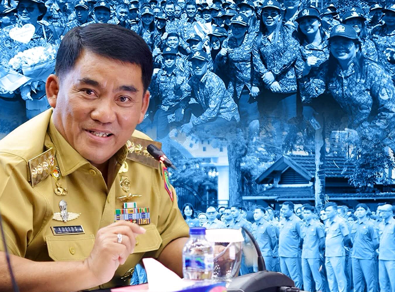 Gubernur Sulut, Mayjen TNI (Purn) Yulius Selvanus SE dengan latar para ASN Pemprov Sulut. (Foto: Istimewa)