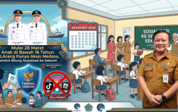 Walikota Bitung Hengky Honandar SE dan Wakil Walikota Bitung Randito Maringka S Sos dengan Ilustrasi gambar Pemkot Bitung yang berencana akan mensosialisasikan Permenkomdigi Nomor 9 Tahun 2026 ke sekolah-sekolah. (Gambar kanan) Plt Kepala Dinas Komunikasi dan Informatika (Kominfo) Kota Bitung, Altin Tumengkol SIP MSi. (Foto: Ridho L Tobing)