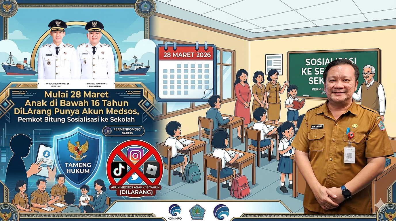 Walikota Bitung Hengky Honandar SE dan Wakil Walikota Bitung Randito Maringka S Sos dengan Ilustrasi gambar Pemkot Bitung yang berencana akan mensosialisasikan Permenkomdigi Nomor 9 Tahun 2026 ke sekolah-sekolah. (Gambar kanan) Plt Kepala Dinas Komunikasi dan Informatika (Kominfo) Kota Bitung, Altin Tumengkol SIP MSi. (Foto: Ridho L Tobing)