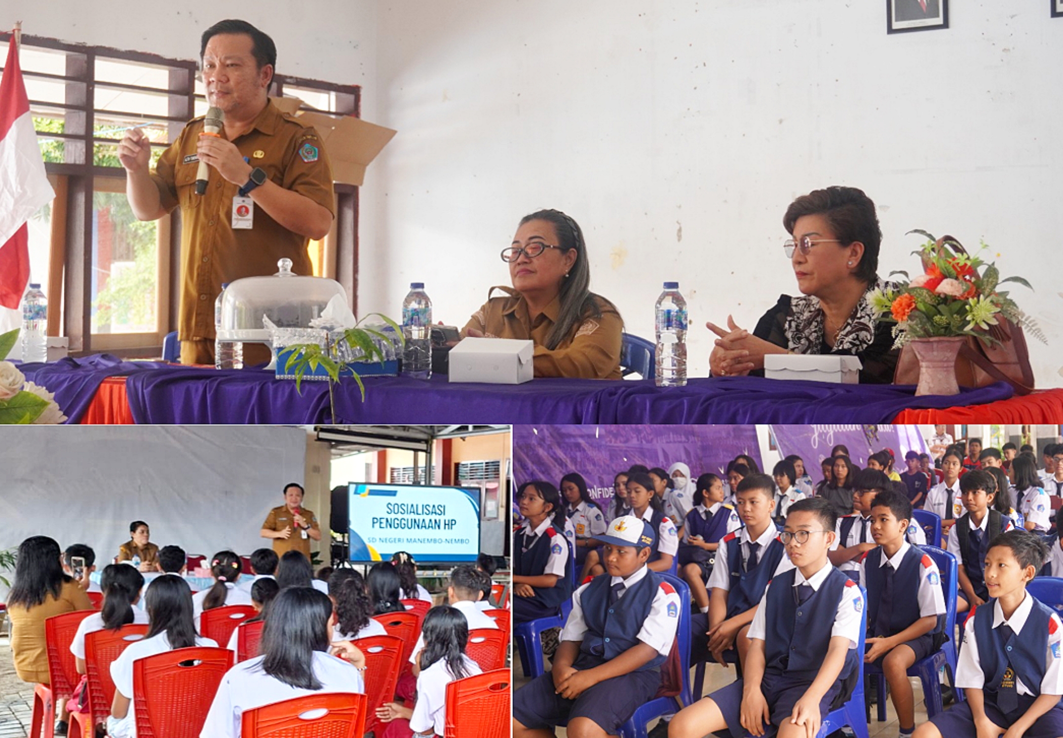 Plt. Kepala Dinas Kominfo Kota Bitung, Altin Tumengkol SIP MSi, Kepala Dinas Pendidikan dan Kebudayaan Kota Bitung, Fonny Tumundo SPd MPd, dan Kepala Dinas DP3A Kota Bitung, Meiva Woran SH MH, saat sosialisasi di SD Negeri Manembo-nembo dan SMP Negeri 1 Kota Bitung. (Foto: Ist)