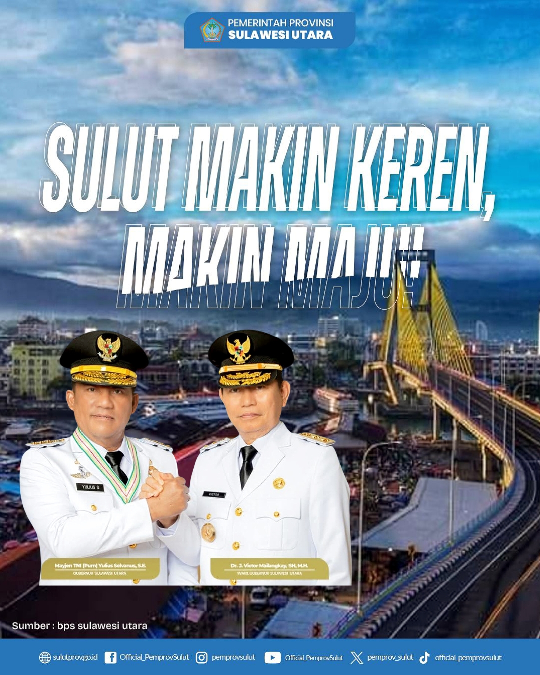 Gubernur Sulut, Mayjen TNI (Purn) Yulius Selvanus SE dan Wakil Gubernur, Dr J Victor Mailangkay SH MH dengan latar lanskap pembangunan Sulawesi Utara. (Foto: Ist)