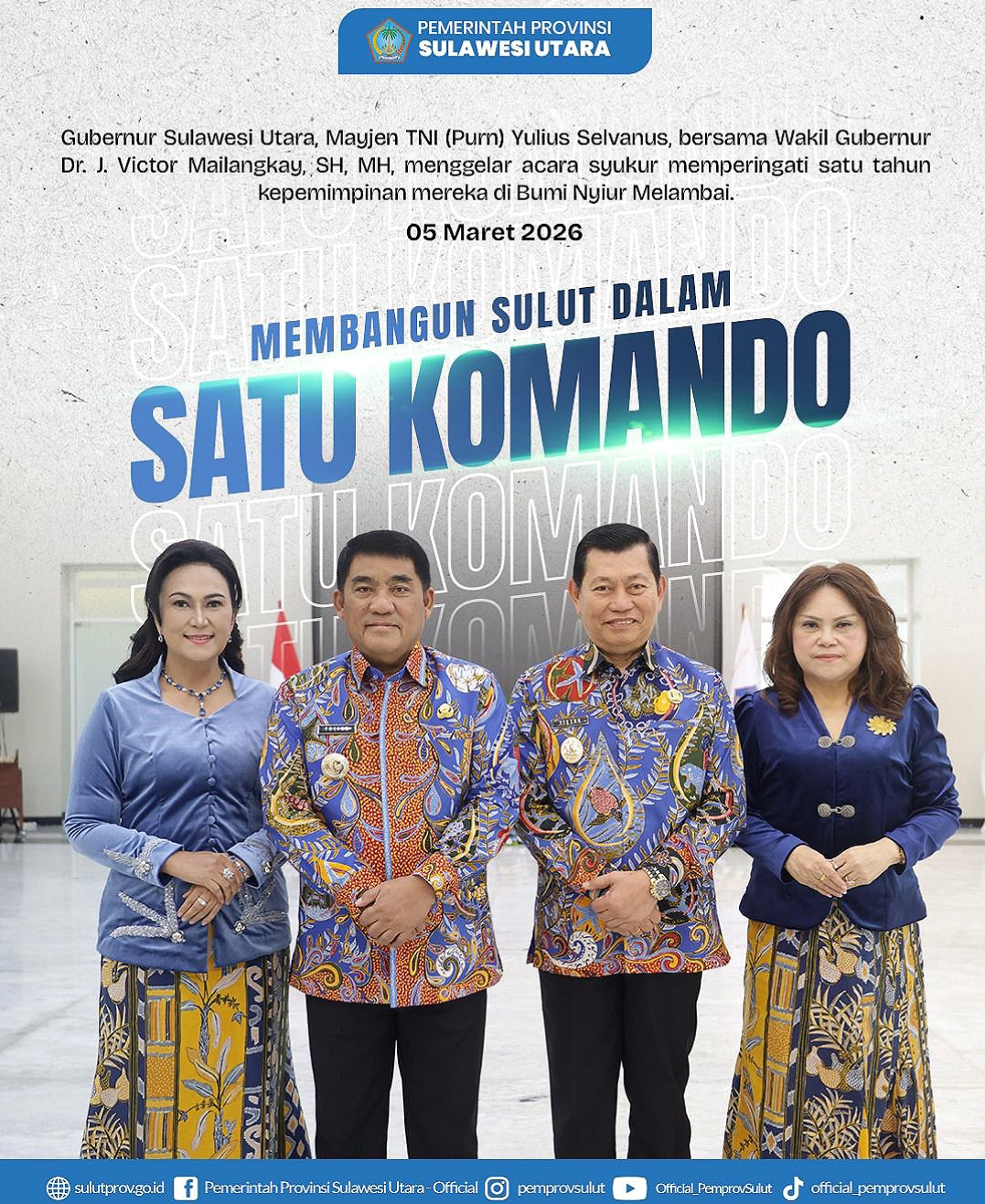 Gubernur Sulut, Mayjen TNI (Purn) Yulius Selvanus SE didampingi Ketua TP PKK Sulut, Ny. Anik Yulius Selvanus, bersama Wakil Gubernur Sulut, Dr J Victor Mailangkay SH MH didampingi Wakil Ketua TP-PKK Sulut, Ny. Dr Merry E Mailangkay Kalalo SH MH. (Foto: Ist)