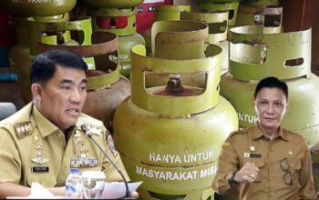 Gambar komposit memperlihatkan Gubernur Sulut, Yulius Selvanus (kiri) dan Asisten 2, Jemmy Ringkuangan (kanan), dengan latar belakang tabung LPG 3 Kg. Langkah tegas ini diambil Pemprov Sulut dengan peringatan "Jalur Hukum Menanti" bagi spekulan yang mengganggu ketersediaan gas melon, memastikan tidak ada lagi 'sumbatan' di jalur distribusi. (Foto: Dok.SUDARA.ID)