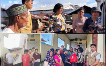 INSTRUKSI GUBERNUR: Kadis Sosial Sulut Wanda Musu saat menyalurkan bantuan logistik darurat bagi 15 KK korban kebakaran di Kelurahan Singkil 1, Manado, Kamis (26/3). Langkah ini wujud kepedulian kilat Pemprov Sulut. (Foto: Istimewa/SUDARA.ID)