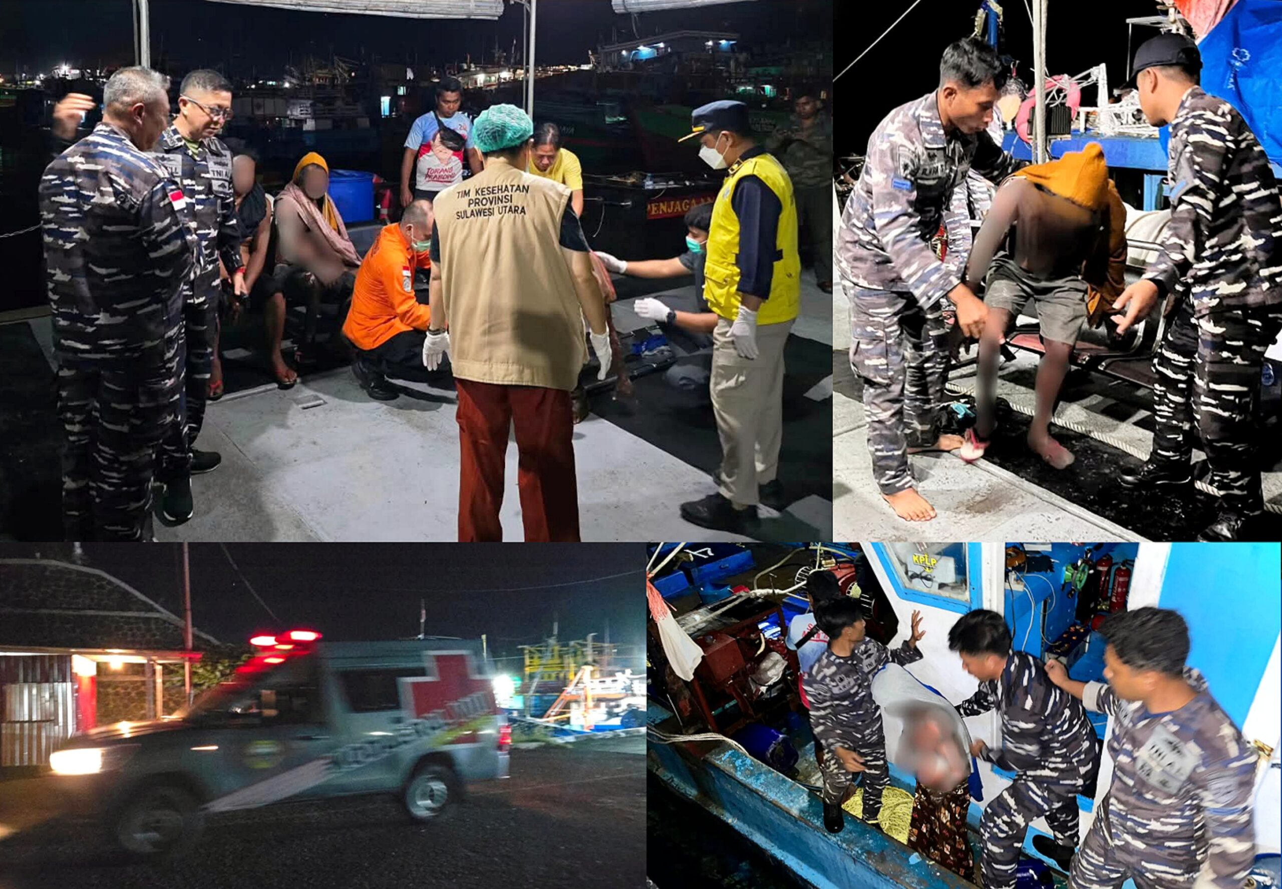 KEMANUSIAAN DI GARIS DEPAN: Dansatrol Kodaeral VIII, Kolonel Laut (P) Marvill Marfel Frits (kanan), memimpin pergerakan prajurit dari KAL Tedong Naga VIII-25 untuk mengevakuasi korban kebakaran KM Anaiah di perairan Bitung. (Foto: Dok. Satrol Kodaeral VIII)