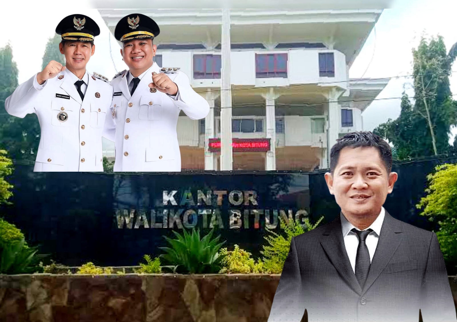 Pimpinan Solid, Administrasi Tertib: Walikota Bitung Hengky Honandar SE dan Wakil Walikota Randito Maringka S Sos (kiri atas) bersama Sekda Ir Ign Rudy Theno ST MT MAP (kanan bawah), resmi merilis RLPPD 2025 sebagai bentuk transparansi publik Pemerintah Kota Bitung. (Foto: Sok. SUDARA.ID)