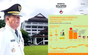 SULUT MAJU: Di bawah kepemimpinan Gubernur Mayjen TNI (Purn) Yulius Selvanus SE, pariwisata Sulawesi Utara cetak rekor di awal 2026. Data BPS menunjukkan kunjungan Wisatawan Mancanegara (Wisman) Januari 2026 melonjak tajam 34,61 persen. Strategi pacu aksesibilitas terbukti efektif jadikan Bumi Nyiur Melambai magnet baru di kawasan Pasifik. (Foto: Kolase Foto Profil Gubernur Yulius, Flyer Data BPS Pariwisata, dengan Latar Kantor Gubernur Sulut/Dok.SUDARA.ID)
