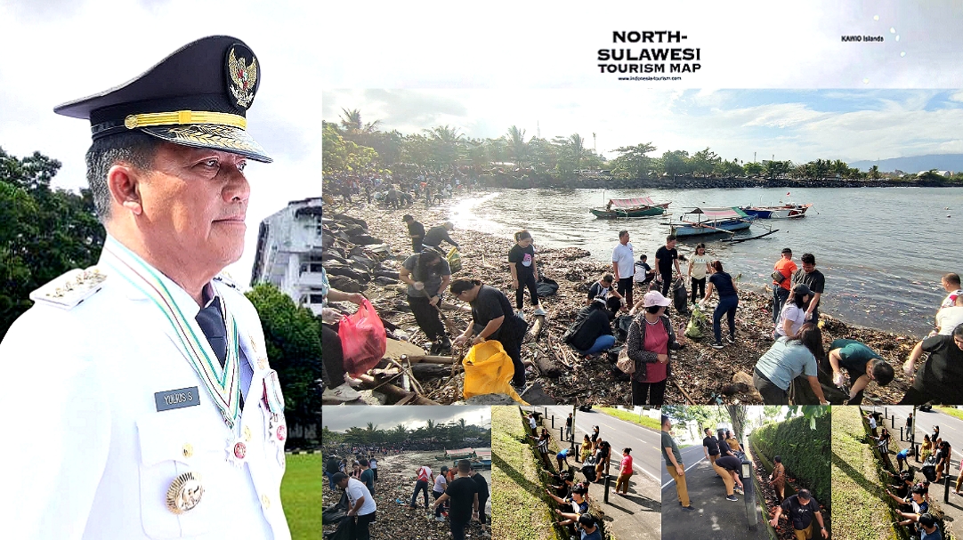 ​[ASN SULUT JAGA WAJAH PARIWISATA!] Gubernur Yulius Selvanus dan jajaran ASN Pemprov Sulut kompak lakukan korve kebersihan pantai (kanan). Aksi ini menegaskan komitmen Gubernur untuk mewujudkan lingkungan yang bersih dan asri sebagai fondasi utama pariwisata Sulawesi Utara. Jangan coba-coba ada sampah! (Foto: Istimewa/Dok.SUDARA.ID)