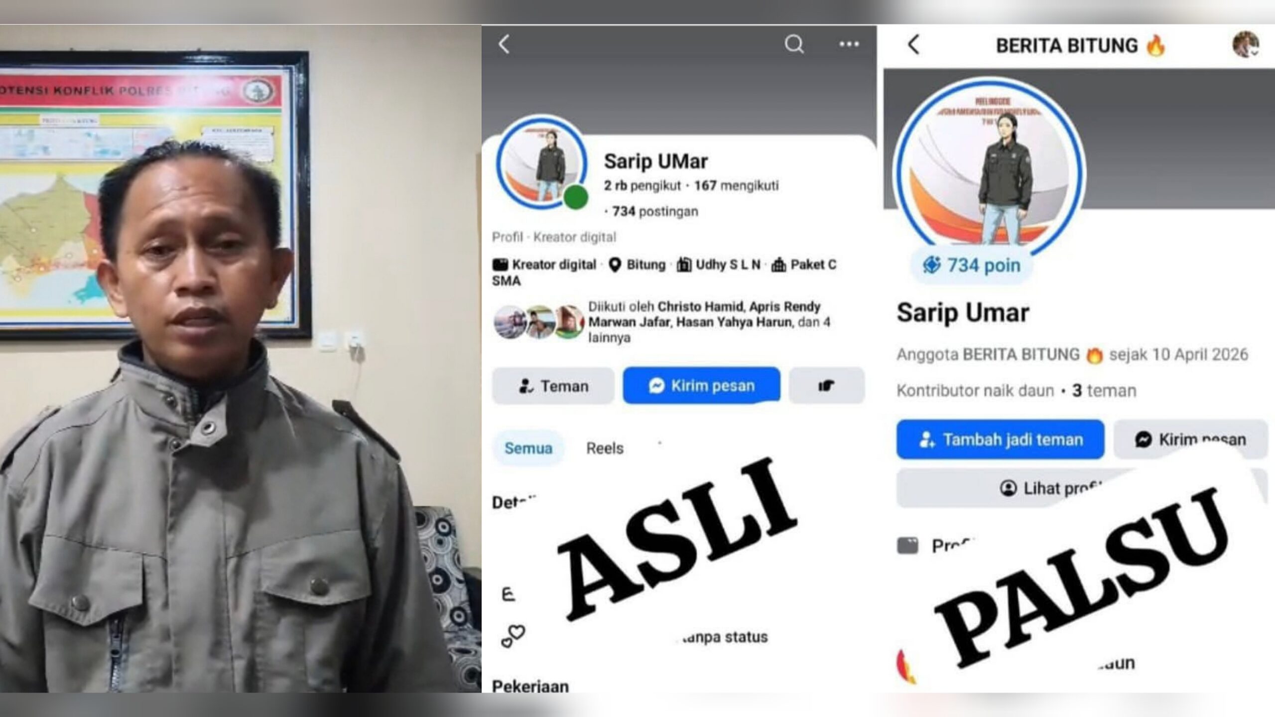 Kolase foto dari video klarifikasi Wartawan Syarif Umar saat membuat laporan di Polres Bitung, dan klarifikasi akun Facebook. (Foto: Dok.SUDARA.ID)