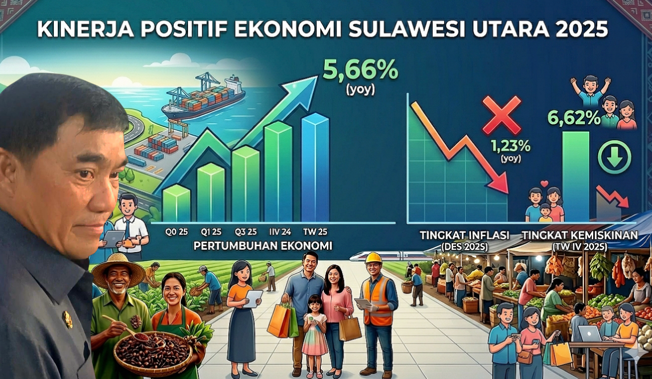 Kolase foto Gubernur Yulius Selvanus dan visualisasi infografis kinerja positif fiskal Sulut 2025 yang menguat di tengah tantangan ekonomi global: Ekonomi tumbuh di atas nasional dan inflasi terkendali. (Foto: Ridho L Tobing)
