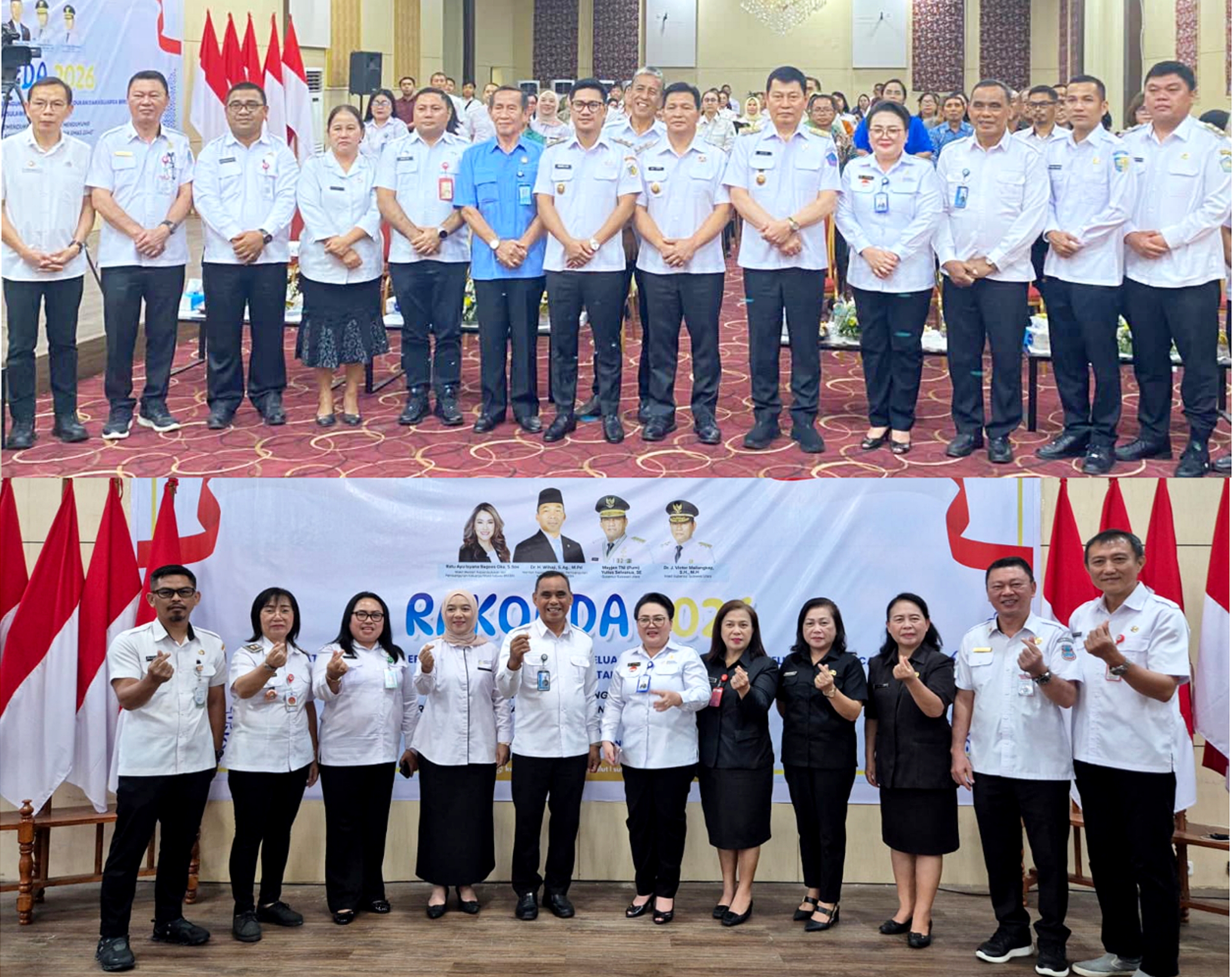 Asisten I Setda Kota Bitung, Forsman F. T. Dandel, S.Sos (ketiga dari kiri atas) bersama Kadis PPKB, Dr Haidy Malingkas (kedua dari kiri bawah), saat menghadiri Rakorda Bangga Kencana Tingkat Provinsi Sulawesi Utara tahun 2026. (Foto: Dok. SUDARA.ID)