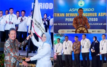 Walikota Bitung Hengky Honandar SE saat prosesi pelantikan pengurus pusat ASPEKSINDO periode 2025–2030 yang ditandai dengan penyerahan pataka organisasi oleh Menteri KKP Sakti Wahyu Trenggono kepada Ketua Umum ASPEKSINDO, Dr Hj Erlina SH MH, di Hotel Borobudur, Jakarta, pada Selasa (14/4/2026). (Foto: Dok. SUDARA.ID)