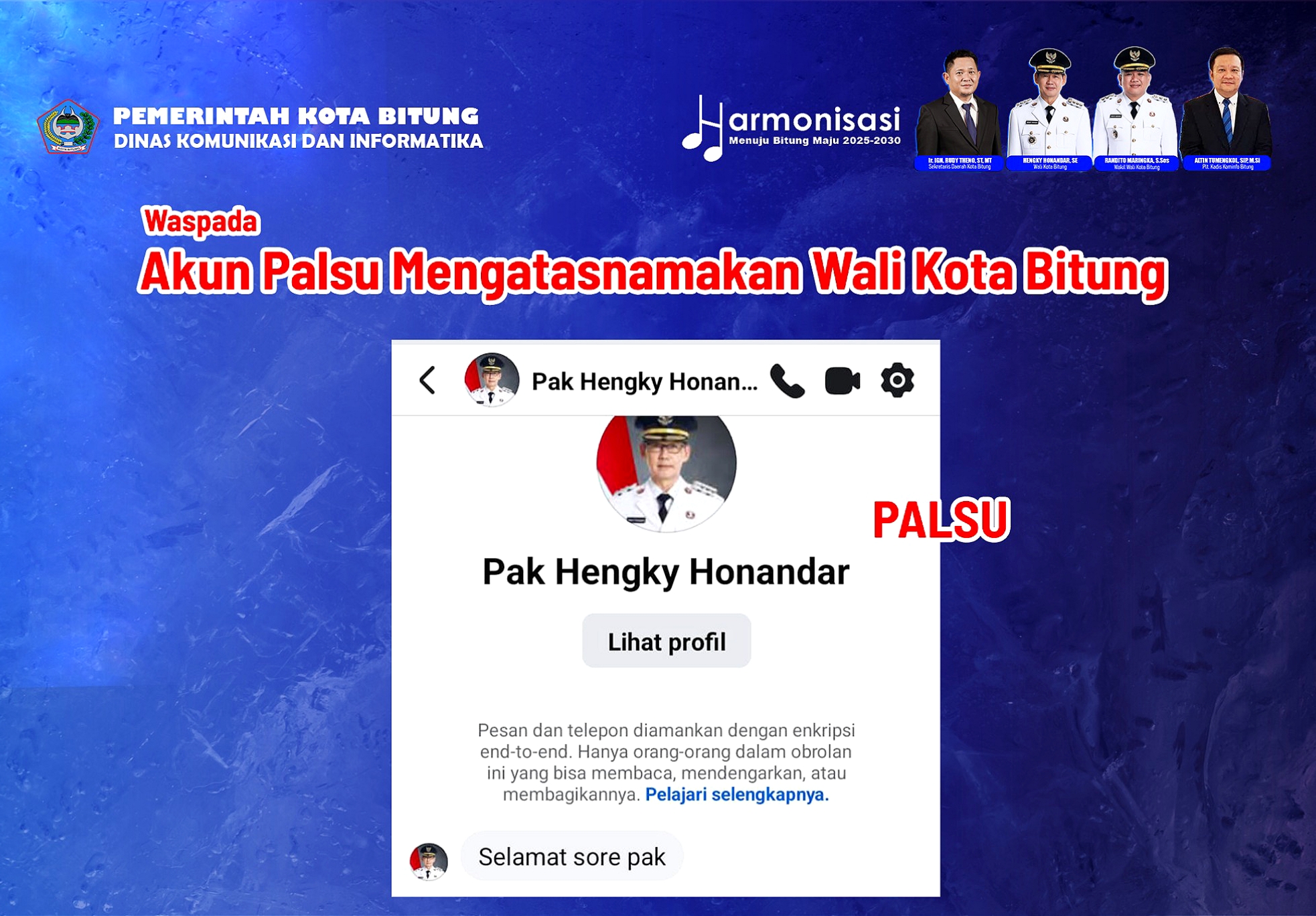Waspada akun palsu Walikota Bitung! Segera lapor dan hanya ikuti kanal resmi Pemkot Bitung. (Dok.Istimewa)