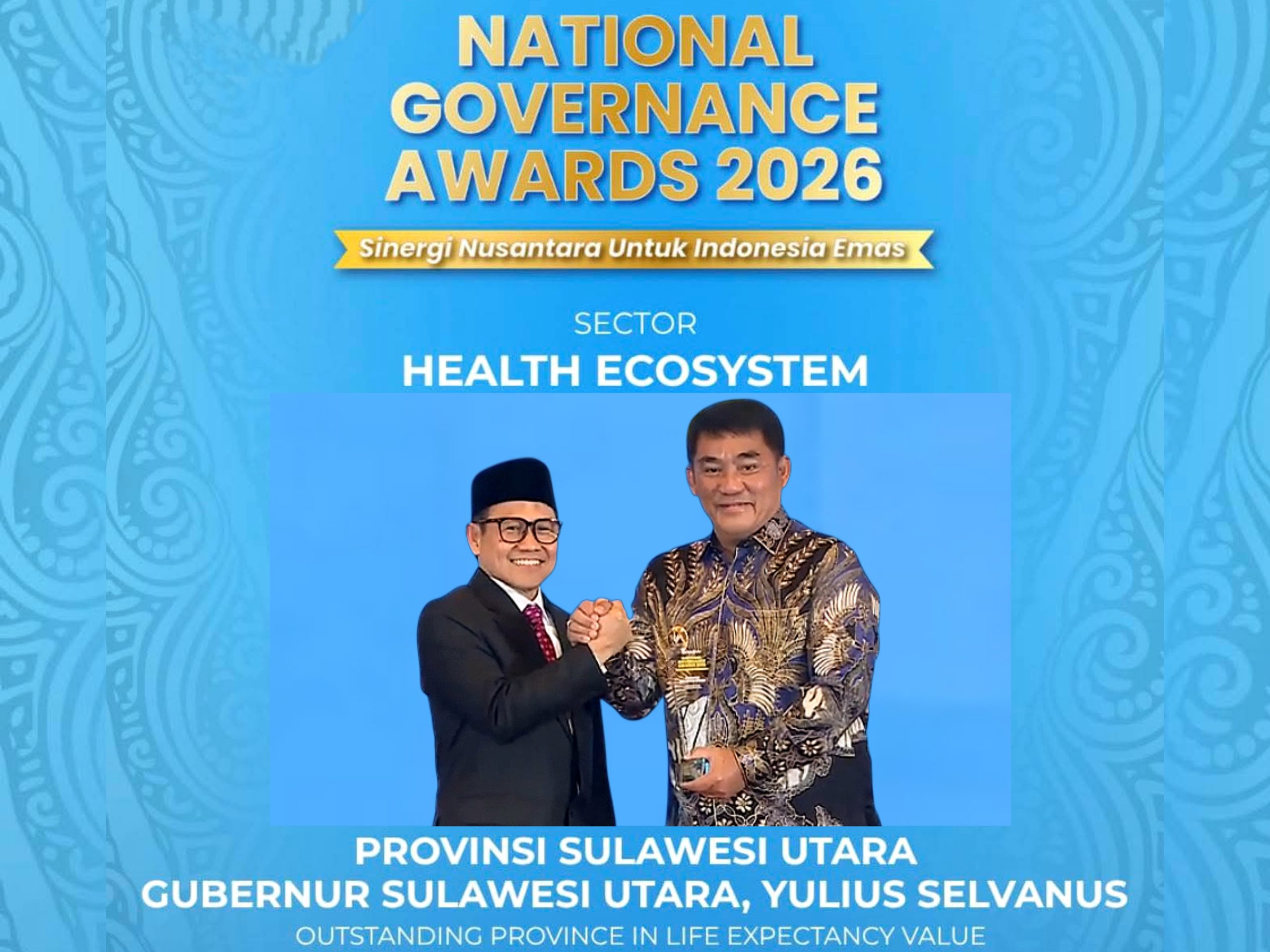 Gubernur Sulut Yulius Selvanus menerima penghargaan National Governance Awards 2026 di Jakarta, Jumat (24/4). (Foto: Dok. Istimewa/SUDARA.ID)