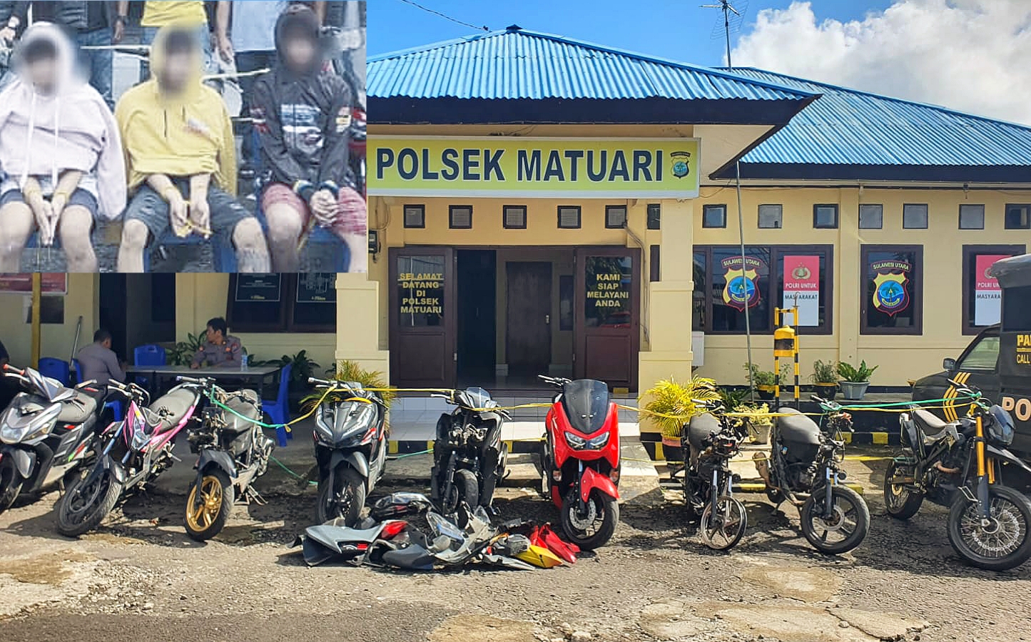 Bukti hasil pencurian motor di Polsek Matuari. (Insert gambar) Tiga orang pemuda terduga pelaku curanmor. (Foto: Dok.Istimewa)