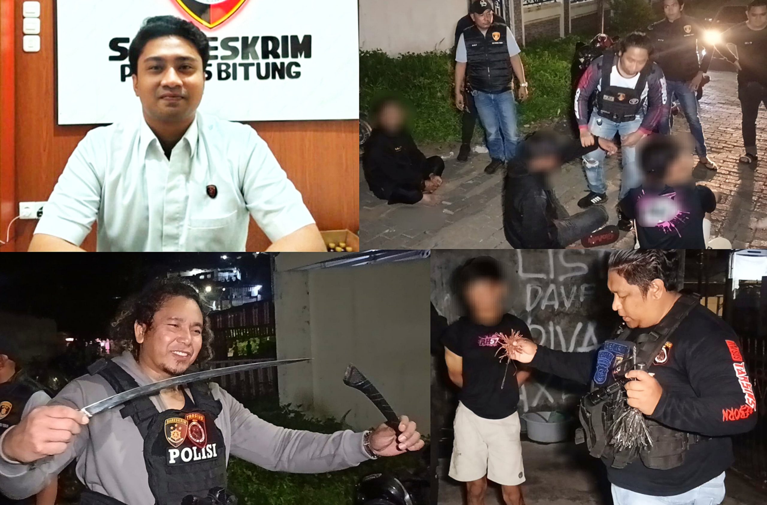 Kasat Reskrim Polres Bitung AKP Ahmad Anugrah (kiri atas) serta Penampakan para pelaku dan barang bukti panah wayer yang berhasil diamankan jajaran Polres Bitung guna menjaga kondusivitas Kota Cakalang. (Foto: Dok. Istimewa/SUDARA.ID)