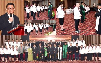 Rektor UNSRAT bersama 20 apoteker baru angkatan pertama FMIPA yang resmi diambil sumpah/janji profesinya, Selasa (28/4). Seluruh lulusan berhasil lulus ujian kompetensi nasional 100 persen. (Foto: Dok. Istimewa)