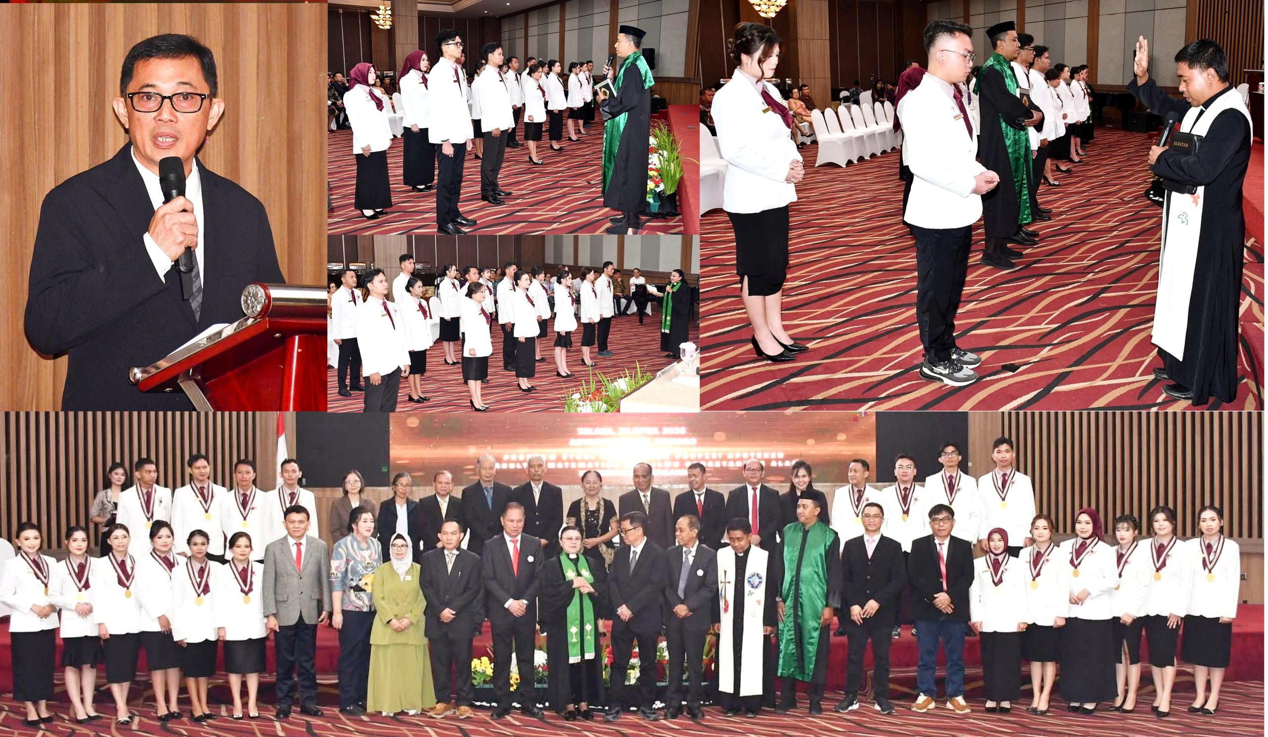 Rektor UNSRAT bersama 20 apoteker baru angkatan pertama FMIPA yang resmi diambil sumpah/janji profesinya, Selasa (28/4). Seluruh lulusan berhasil lulus ujian kompetensi nasional 100 persen. (Foto: Dok. Istimewa)
