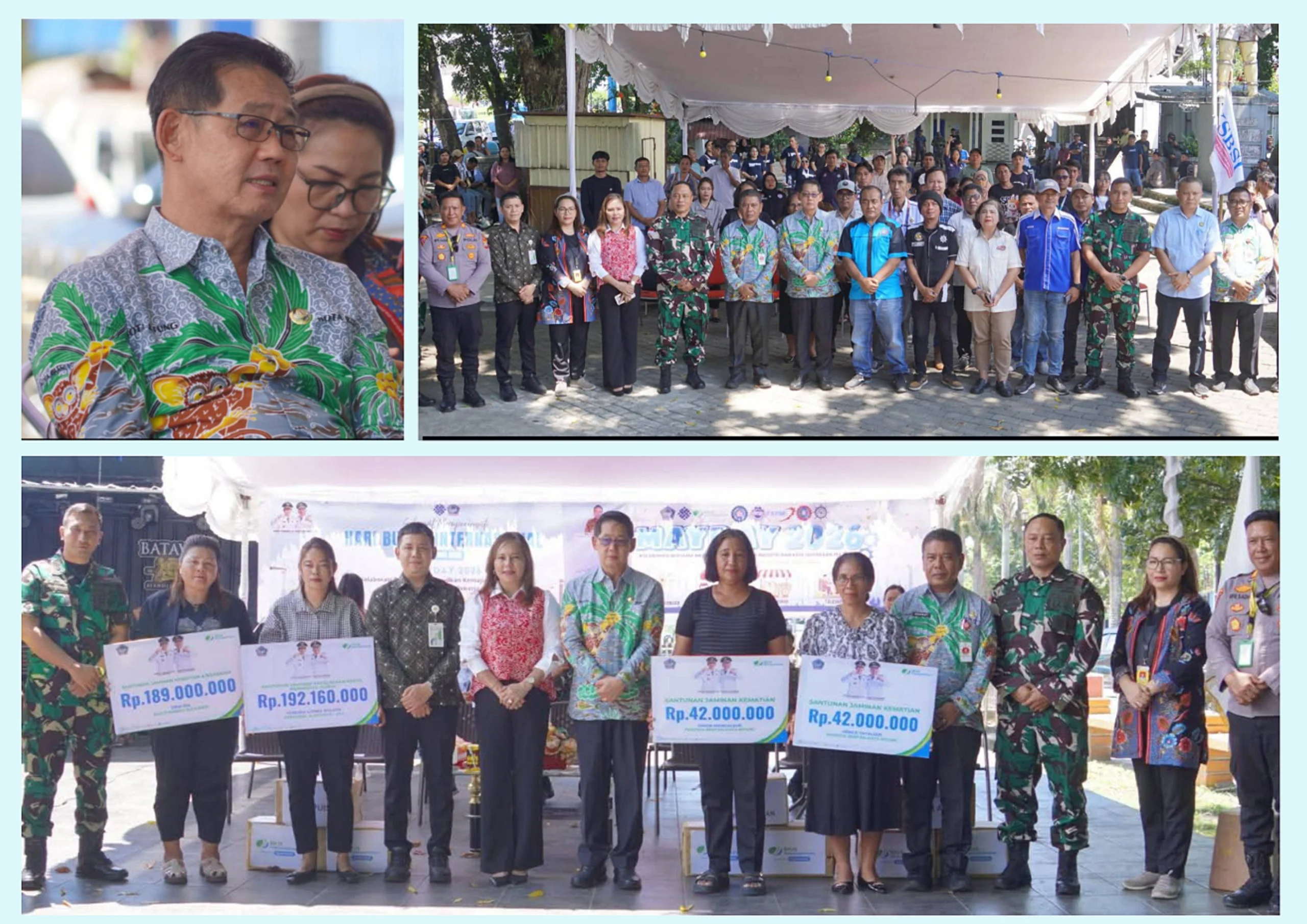 Walikota Bitung, Hengky Honandar SE, berfoto bersama perwakilan serikat buruh dan Forkopimda dalam peringatan May Day 2026 yang mengusung tema kesejahteraan dan perlindungan tenaga kerja. (Foto: Dok. Istimewa)