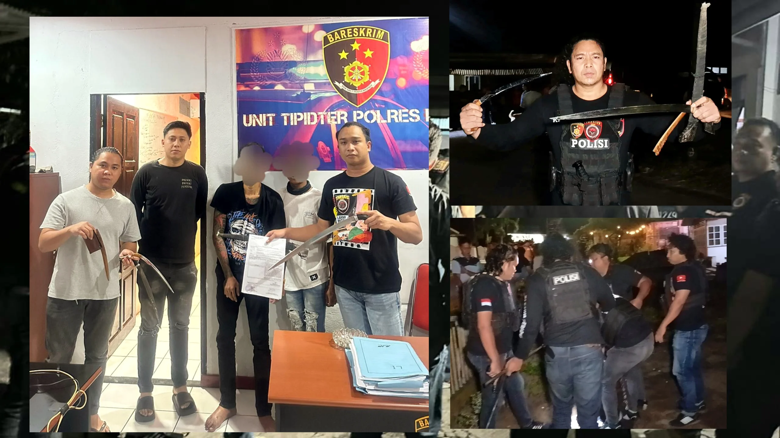 'TERLAKBAN': Dua 'pendekar jalanan' asal Kumersot tak berkutik setelah diringkus Team Tarsius dan Patroli Barat karena menantang warga berduel menggunakan sajam. (Foto: Dok. Polres Bitung)