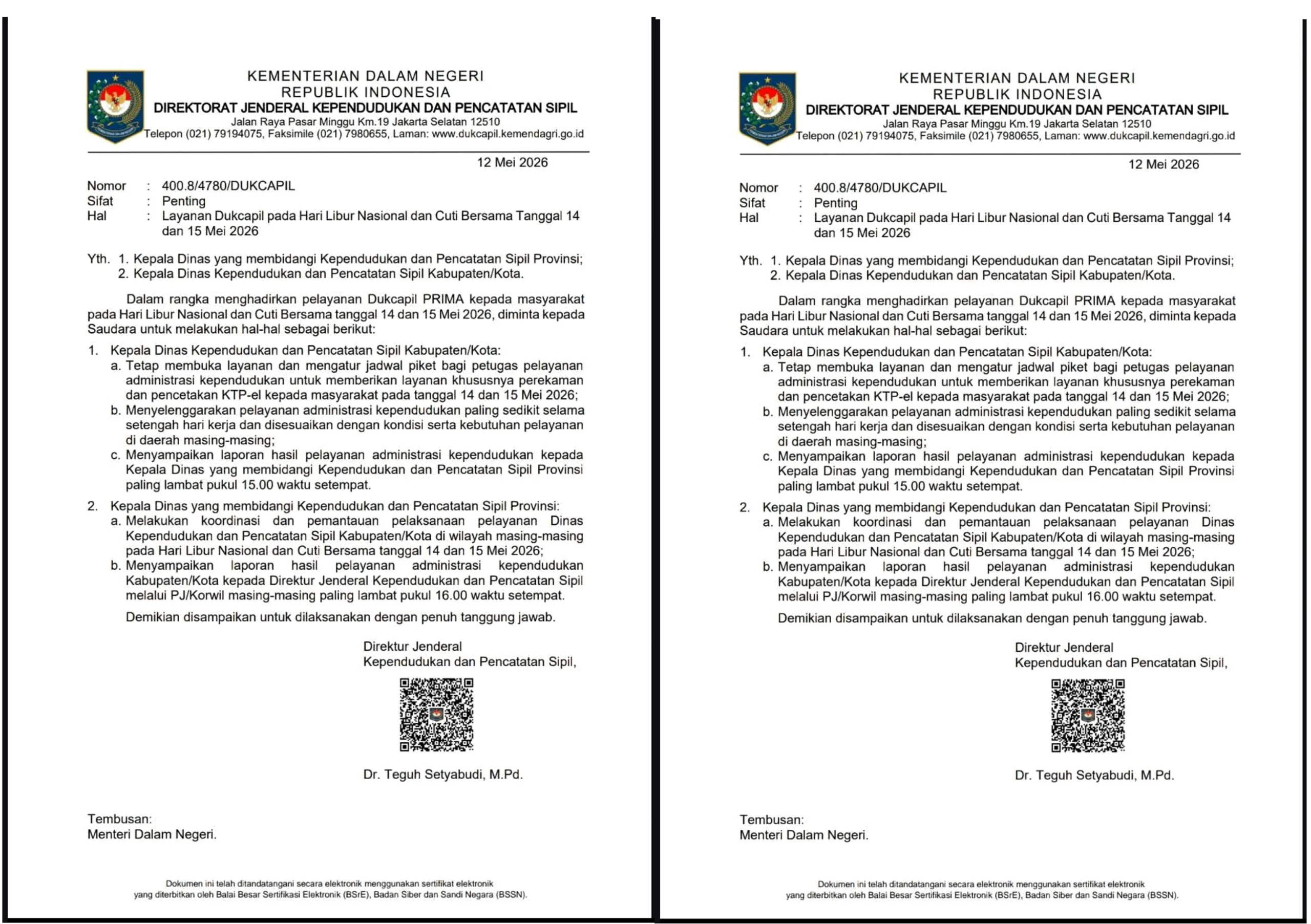 Surat Dirjen Dukcapil Kemendagri. (Foto: Dok. Istimewa)