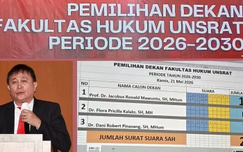 Prof. Ronald Mawuntu terpilih sebagai Dekan Fakultas Hukum Unsrat periode 2026–2030 dalam Sidang Senat Tertutup, Kamis (21/5/2026). (Foto: Istimewa)