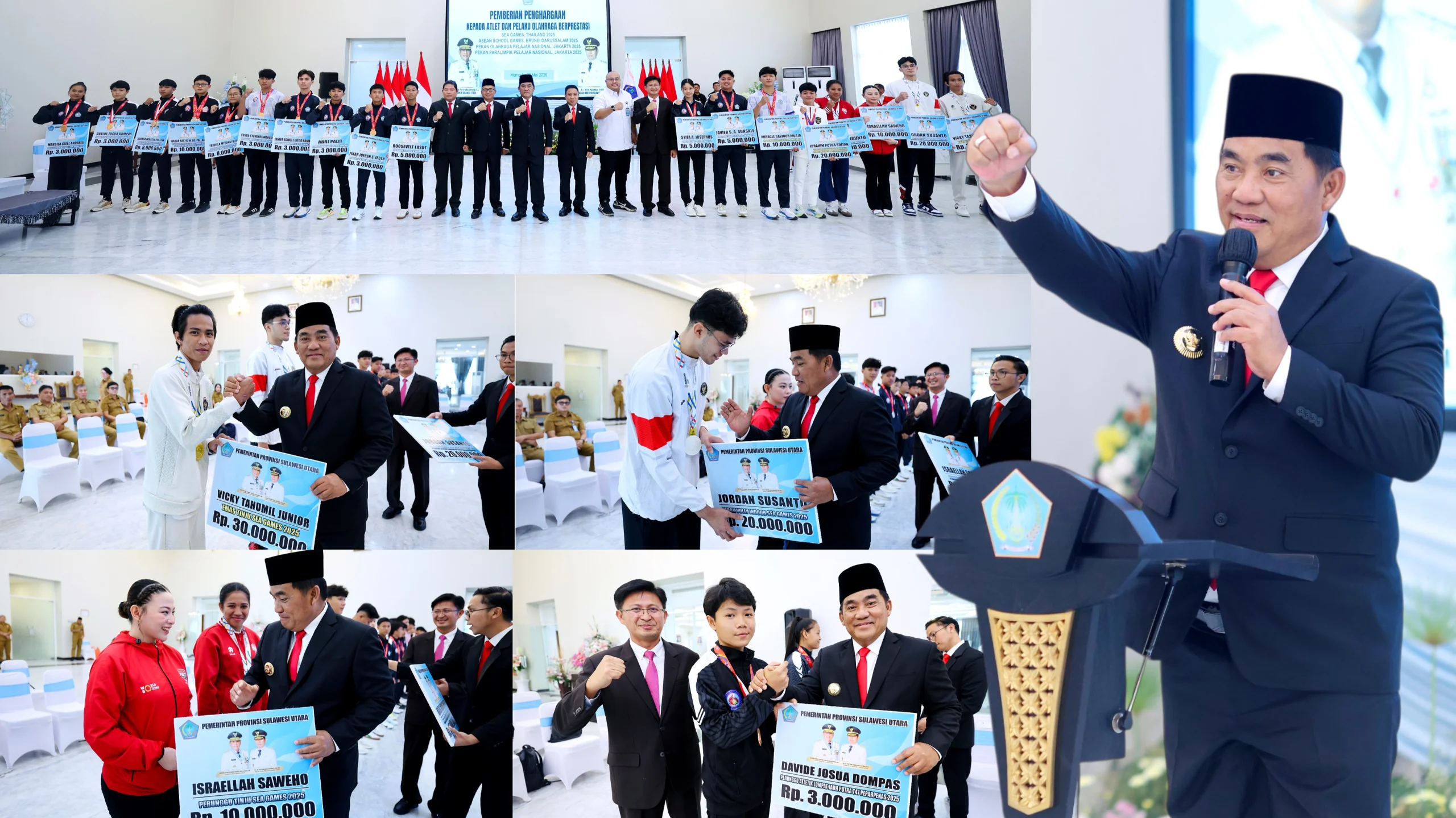 Gubernur Sulawesi Utara Yulius Selvanus saat menyerahkan bonus apresiasi kepada para pahlawan olahraga daerah di Wisma Negara Bumi Beringin, Manado, Senin (25/5/2026). (Foto: Humas Pemprov Sulut/SUDARA.ID)