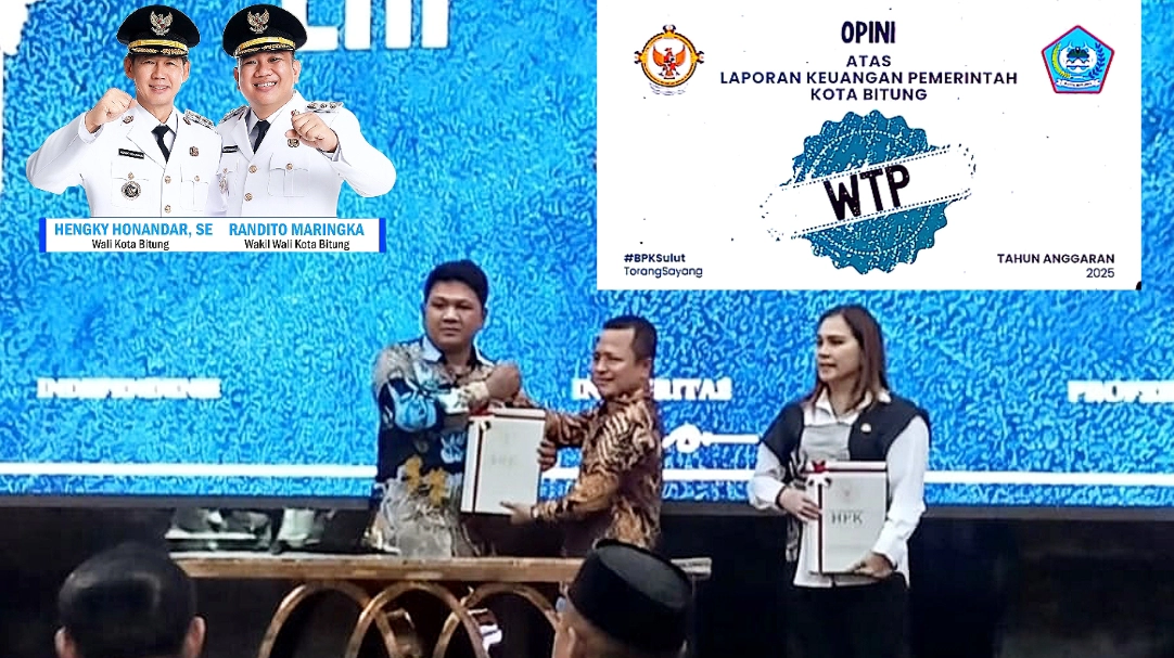 Wakil Walikota Bitung Randito Maringka S.Sos (kiri) dan Ketua DPRD Vivi Ganap SE (kanan) saat menerima dokumen LHP dengan opini WTP dari Kepala BPK RI Perwakilan Sulut Bombit Agus Mulyo, Jumat (29/5/2026). Capaian ini menandai kembalinya predikat WTP bagi Kota Bitung. (Foto: Dok. Istimewa)