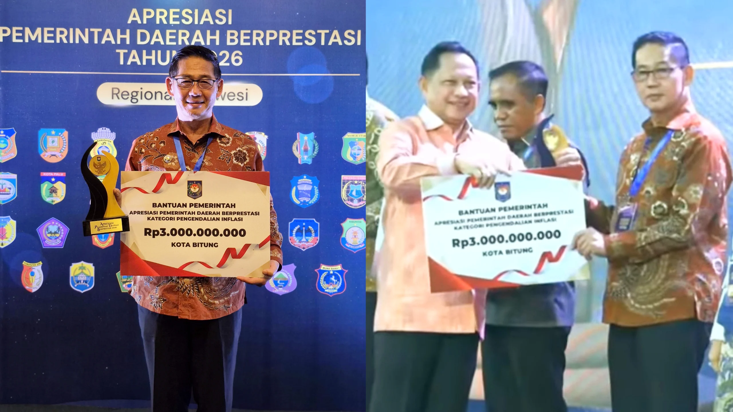 Walikota Bitung Hengky Honandar SE saat menerima penghargaan Pengendalian Inflasi Terbaik 1 se-Sulawesi dan insentif fiskal Rp3 Miliar dari Kemendagri, Jumat (29/5/2026). (Foto: Istimewa/Dok.SUDARA.ID)